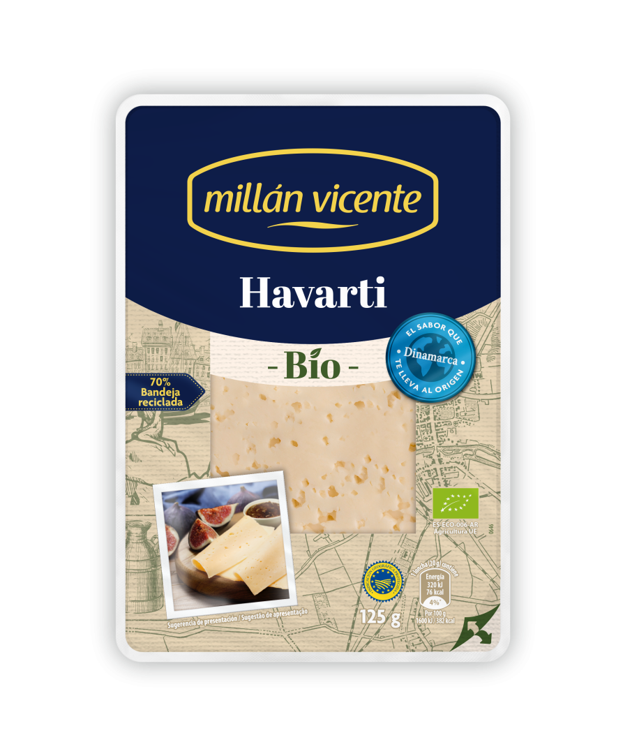 Queso Lonchas Havarti Bio. Elaborado con leche pasteurizada de vaca procedente de agricultura ecológica.