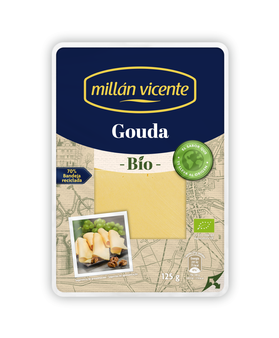 Queso Lonchas Gouda Bio. Queso tierno, cremoso y elaborado con leche procedente de agricultura ecológica.