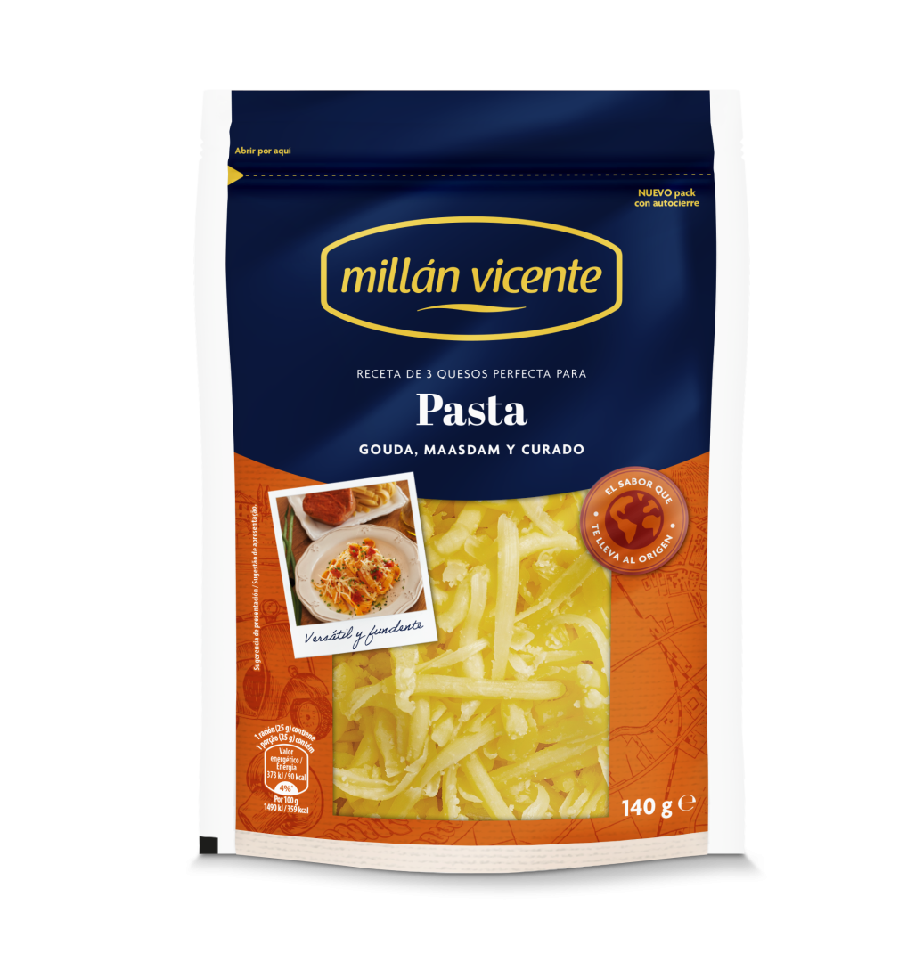 Queso Rallado Especial Pasta. Mezcla de Gouda, Maasdam y Goya perfecta para fundir y cocinar pastas cremosas.