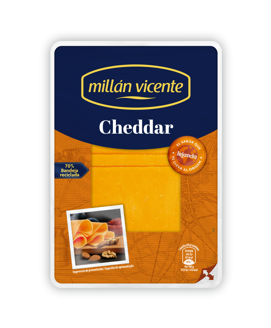 Queso Lonchas Cheddar. Variedad naranja, con textura lisa y mucho sabor. Queso original de Irlanda.