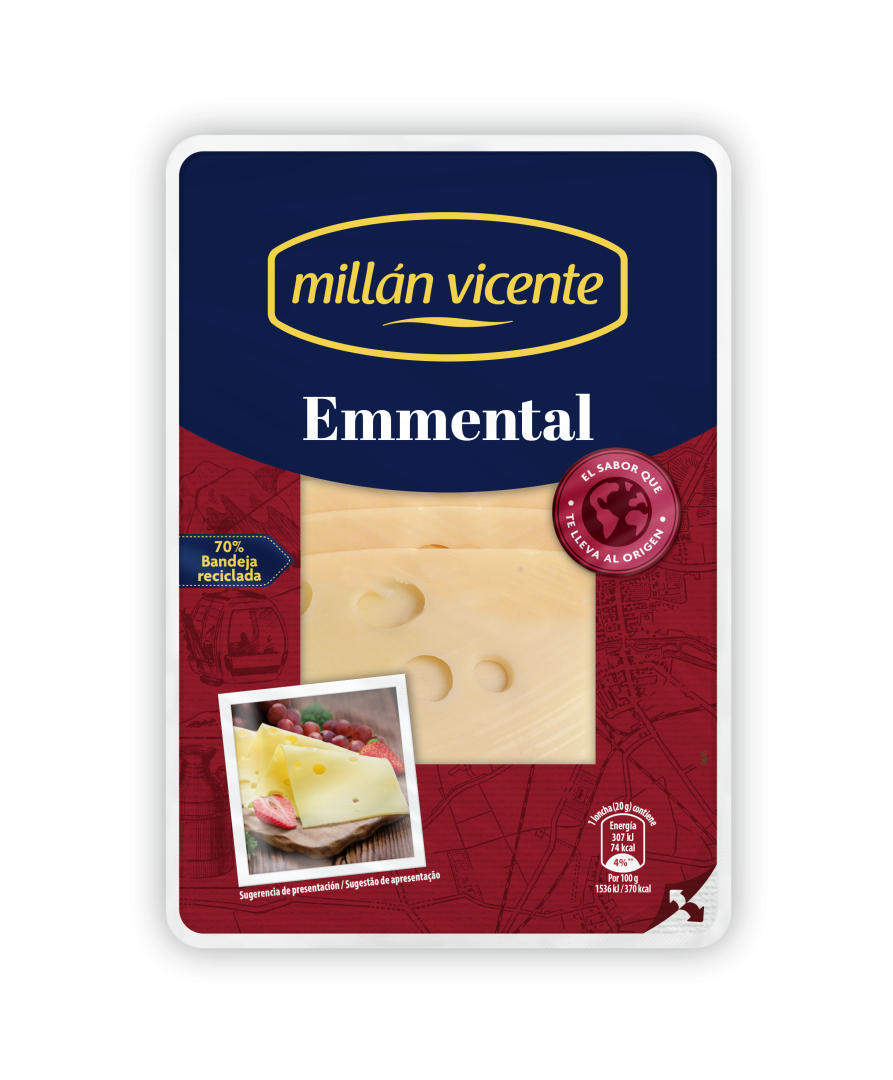 Queso Lonchas Emmental. Variedad semicurada con fuerte aroma y suave sabor. Queso original de Suiza.