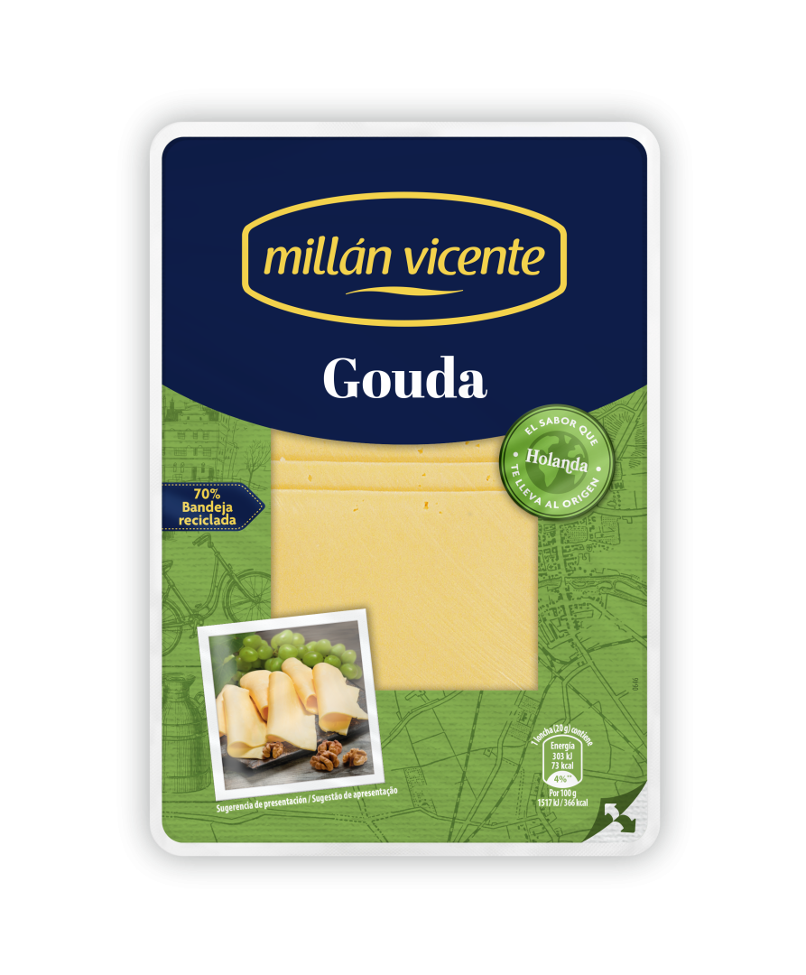 Queso Lonchas Gouda. Variedad tierna, suave y con mucho sabor. Queso original de Holanda