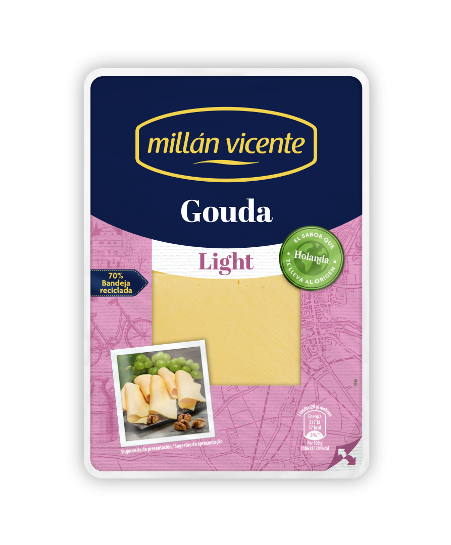 Queso Lonchas Gouda Light. Variedad tierna, suave y con mucho sabor. Queso original de Holanda.